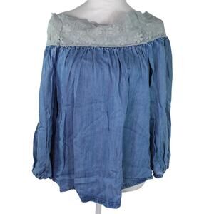 Boston Proper Chambray Tencel Denim White Daisy Lace Blouse Off Shoulder Top XS